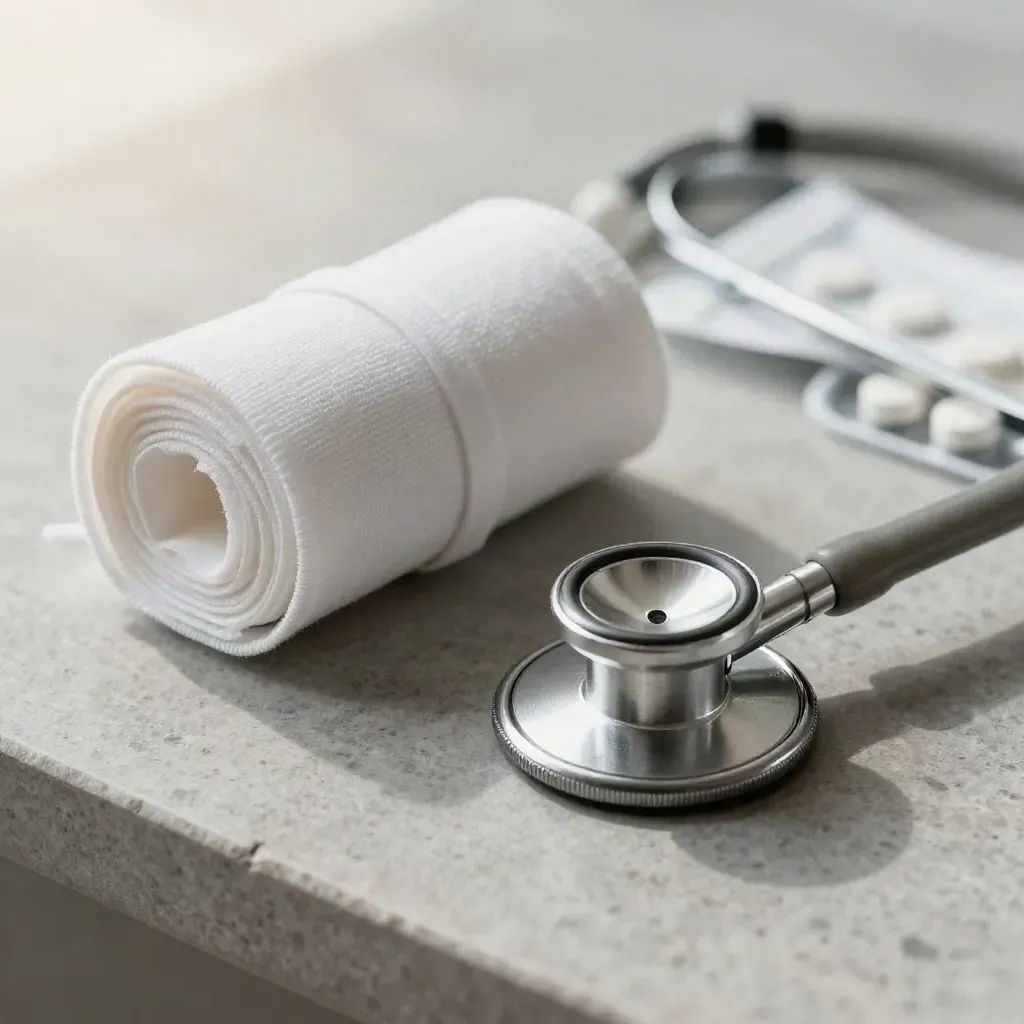 Macro of a stethoscope head, gauze roll and pill tray on brushed stone.