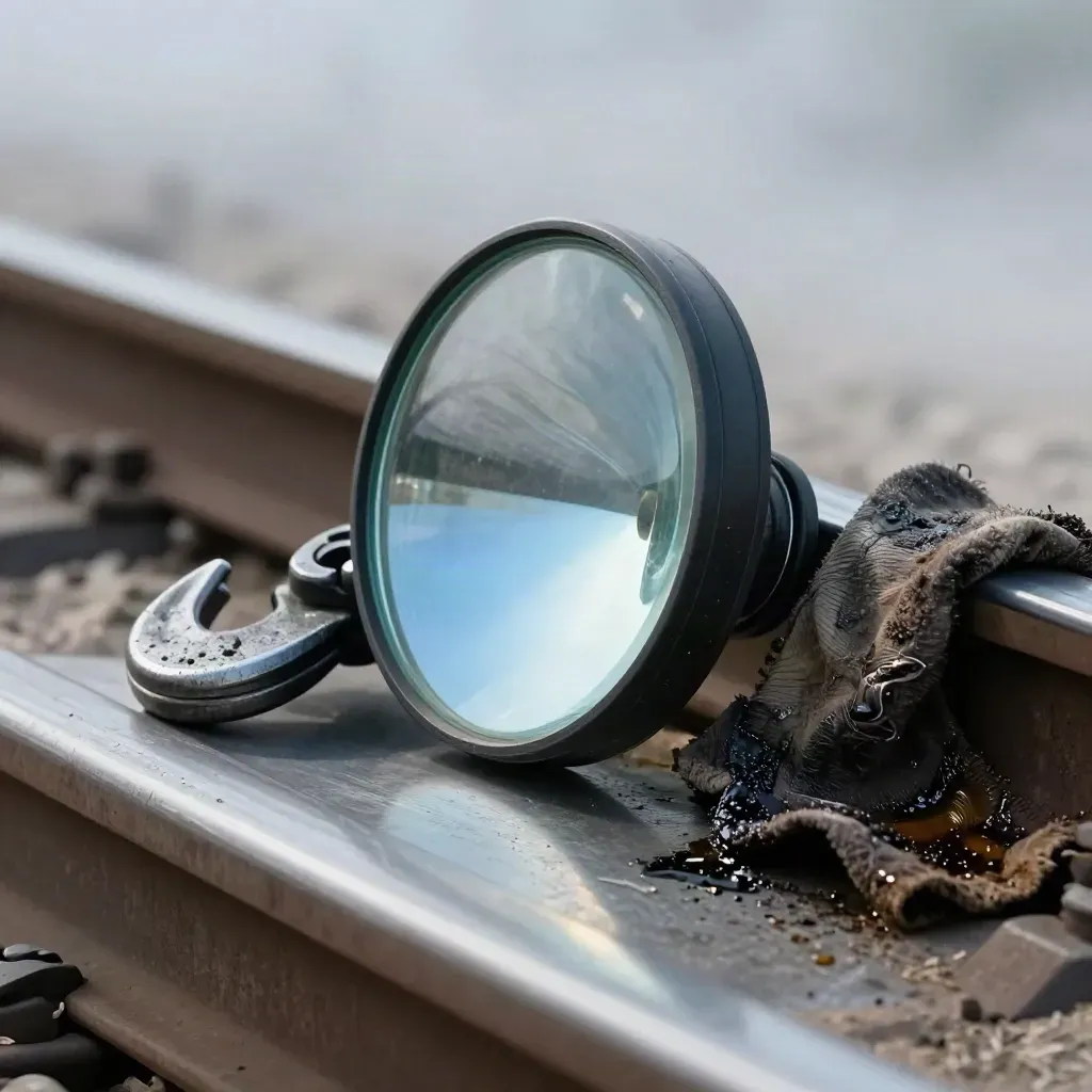 Macro rail maintenance still life with glass lens, steel hook, and oil-dark cloth