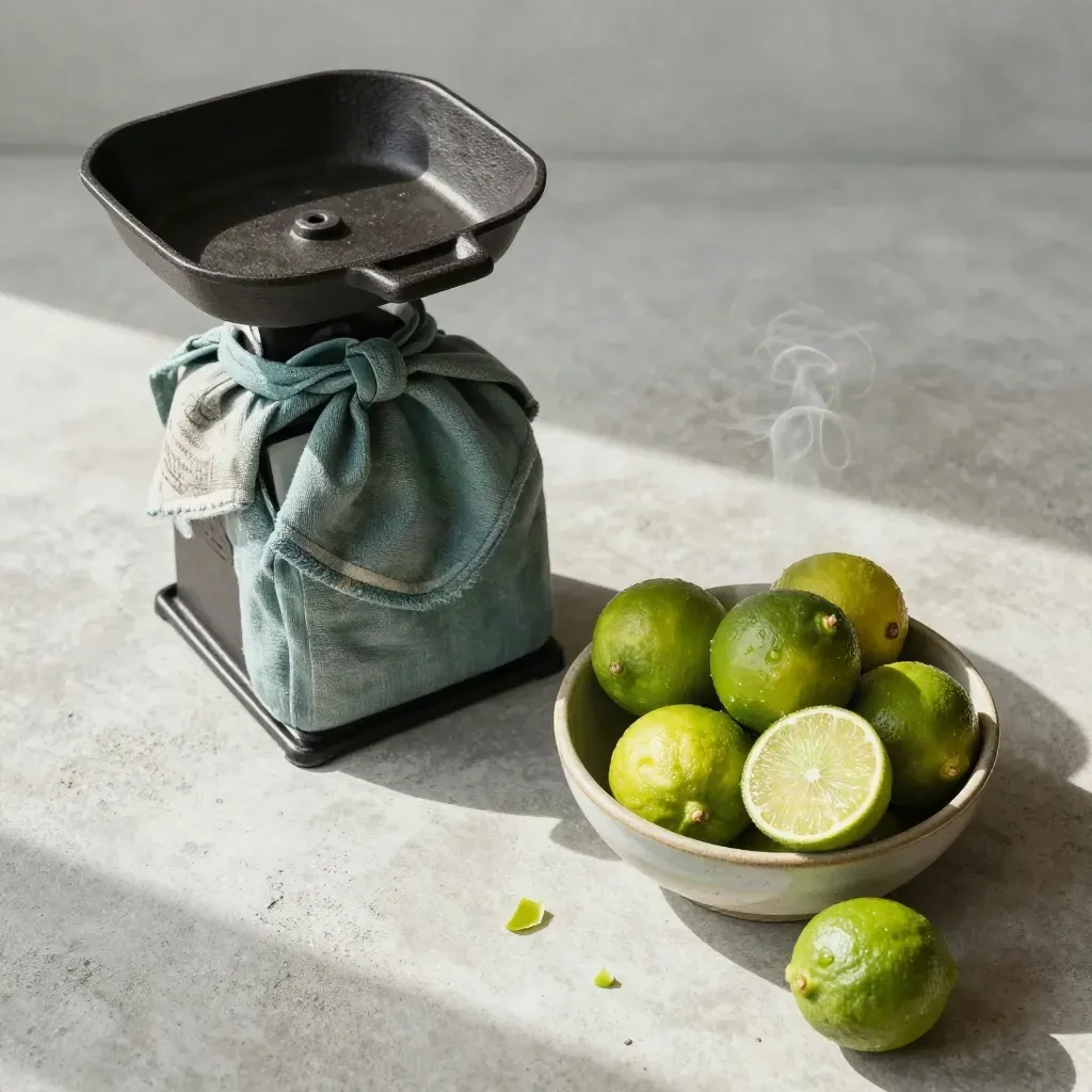 Scale weight, linen wrap and limes on concrete with steam and teal accents.