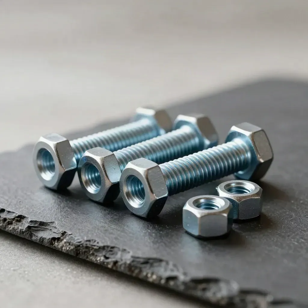 Machined bolts, steel coupling, and precision nuts on a graphite slab with navy accent