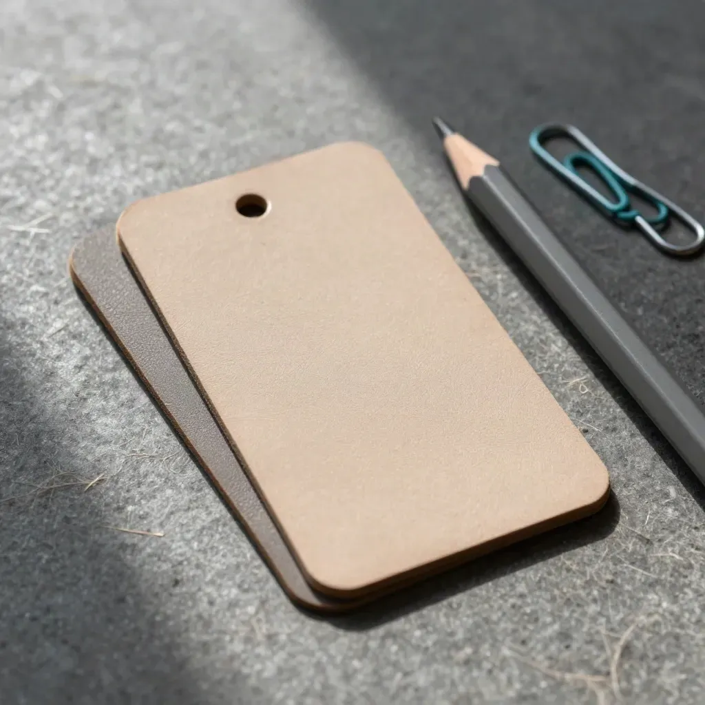 Overhead macro of leather phrase cards, graphite pencil, and teal paper clips on stone.