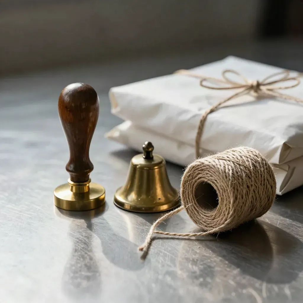 Wax seal stamp, brass bell and twine spool on brushed metal with soft shadows