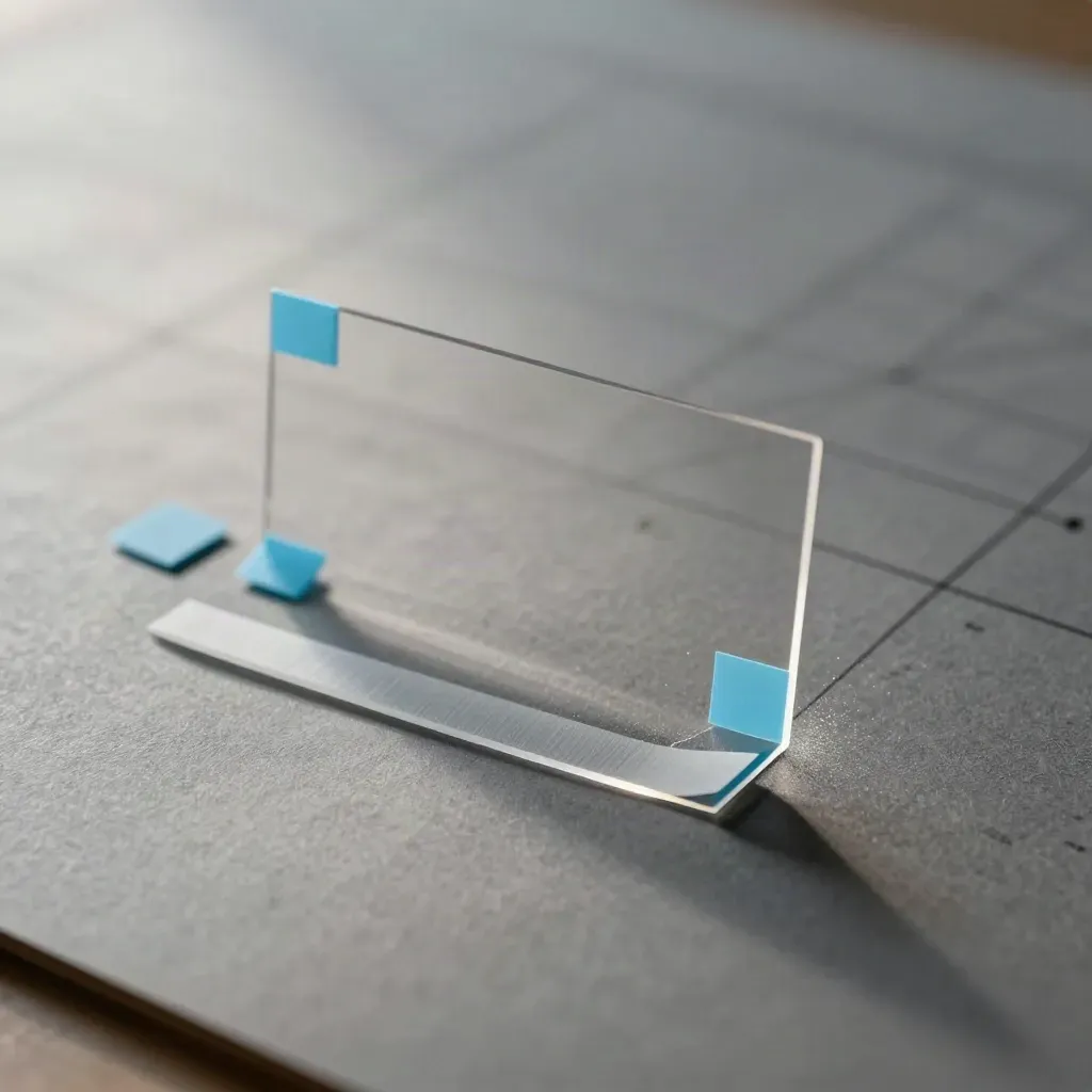 Acetate proof overlay, alignment corner and blue tabs on graphite paper, seen from above.