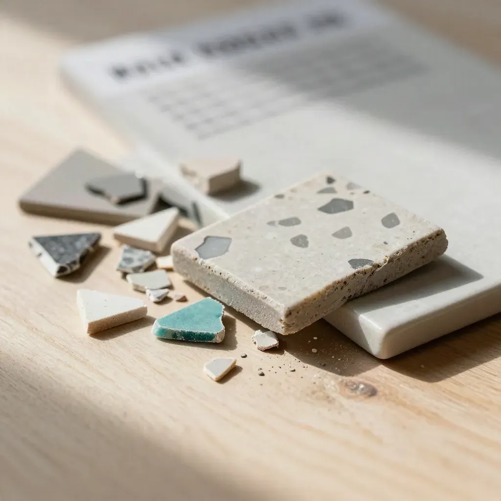 Terrazzo chips, grout cube and ceramic trim fanned on pale wood with a teal accent.