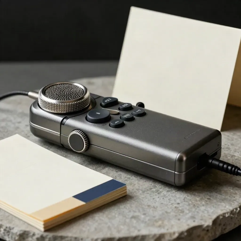 Graphite voice recorder beside cream note cards and navy dividers on stone
