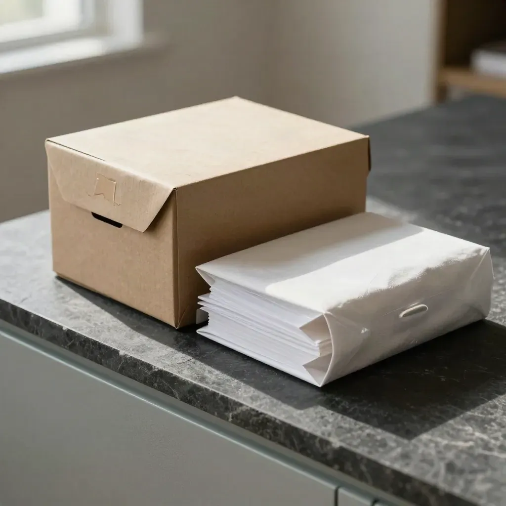 Mailer box, pitch binder and sample pouch behind frosted glass on a dark stone bench