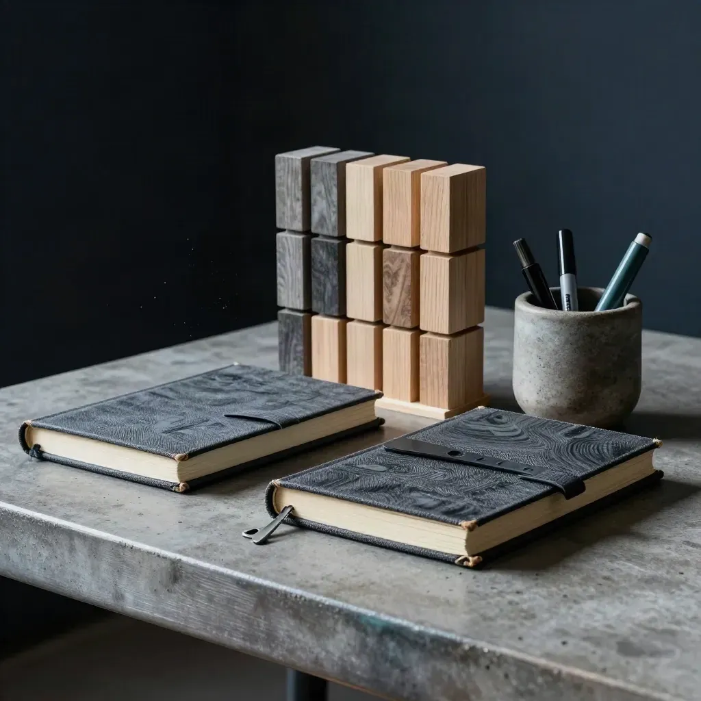 Closed notebooks, wooden blocks, and a pen cup on a studio plinth with dramatic side light.