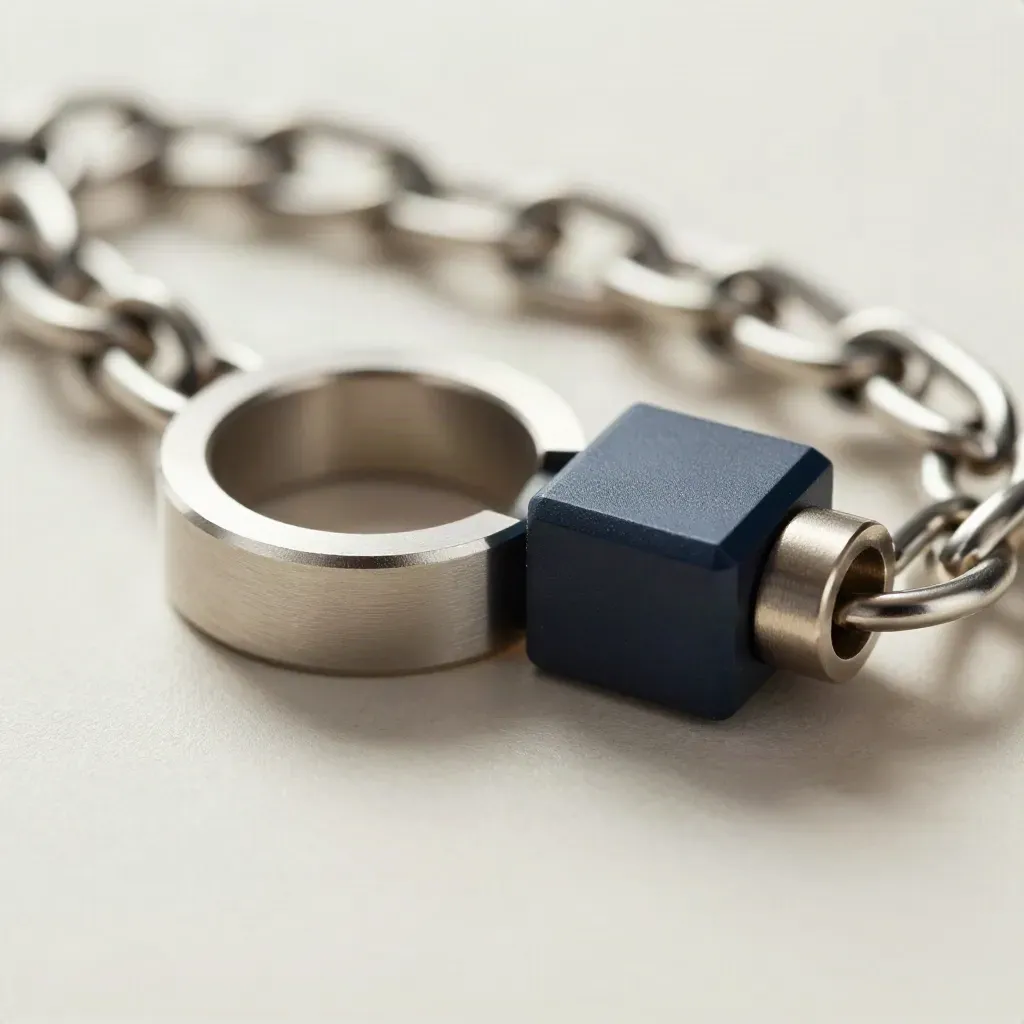 Macro of linked metal rings, spacer and connector block on brushed steel with navy accent