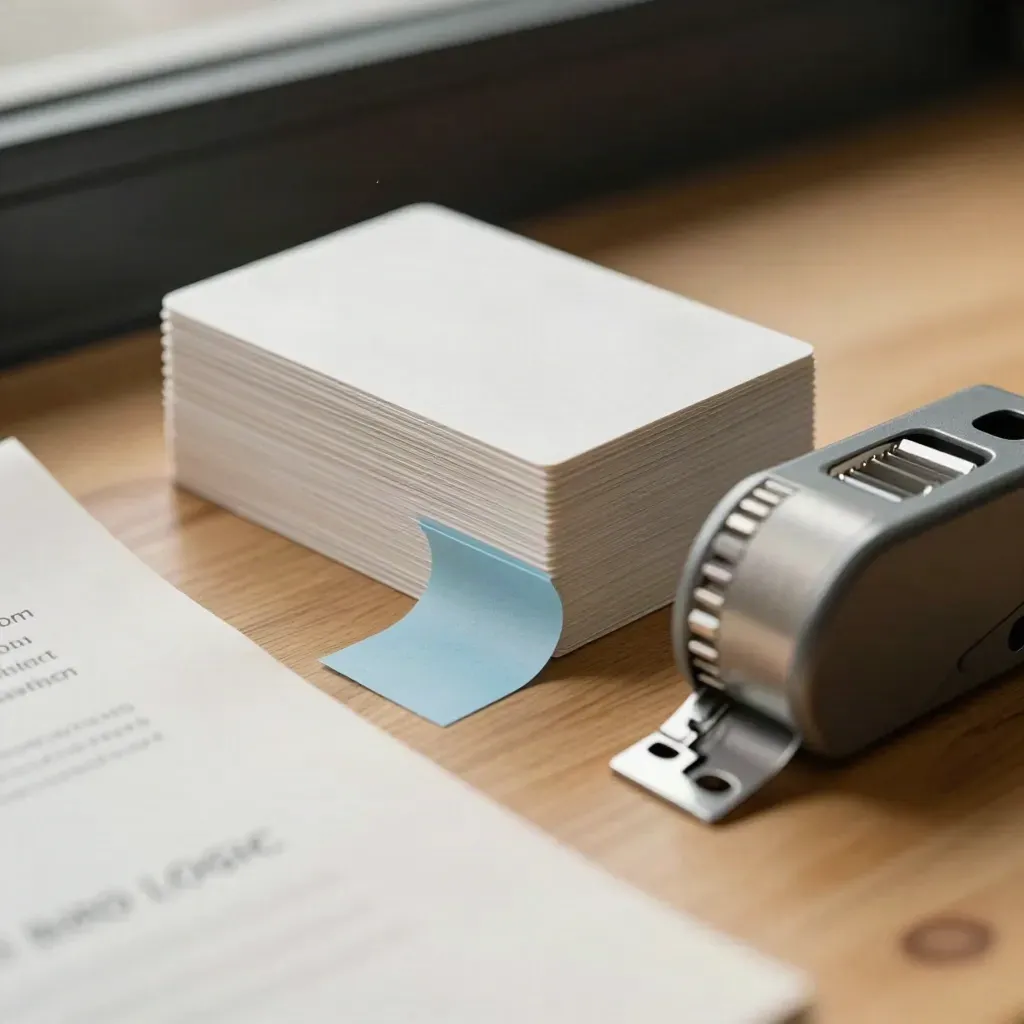 Business-card stack, note roll, and tape dispenser behind a blurred mailer flap.