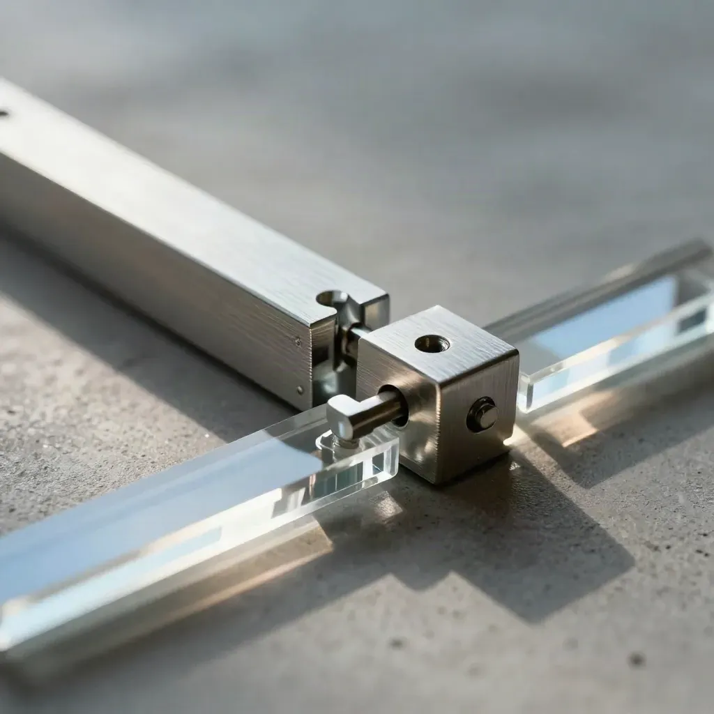 Macro of acrylic joints and aluminum clips on grey concrete with a sky-blue accent.