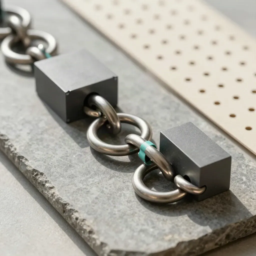 Overhead still life of steel rings, modular blocks and a pegboard fragment on graphite stone.