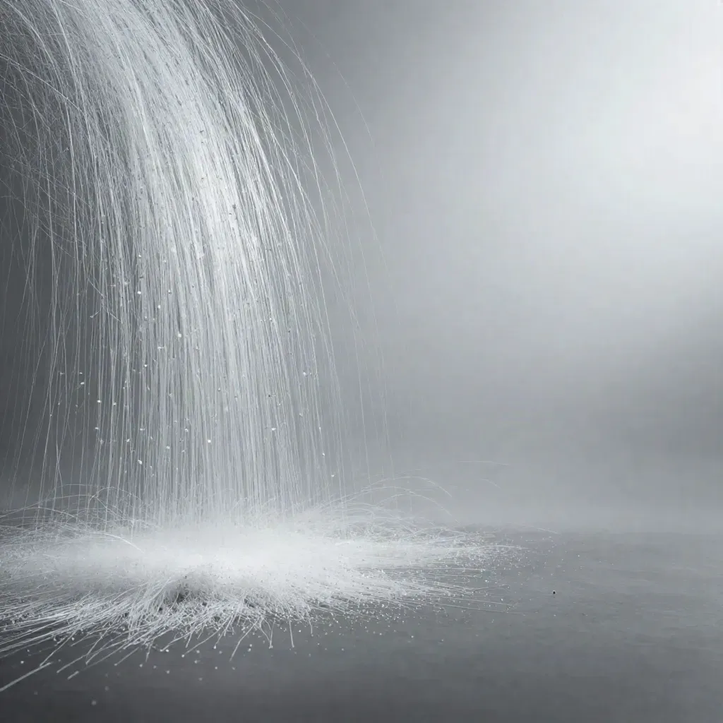 Silver filaments and pale-grey motes stream into a soft white bloom in deep graphite haze.