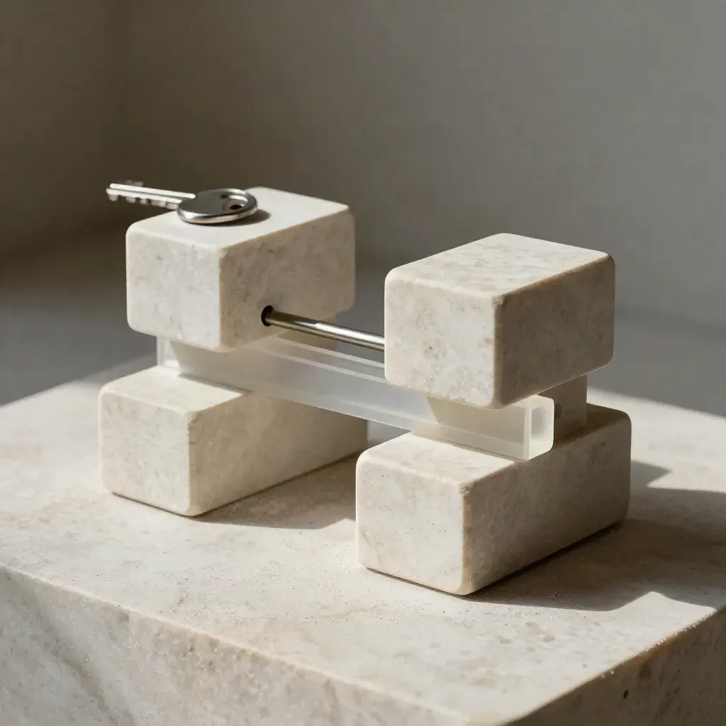 Modular limestone blocks linked by a metal pin and acrylic bridge on pale stone with chalk dust